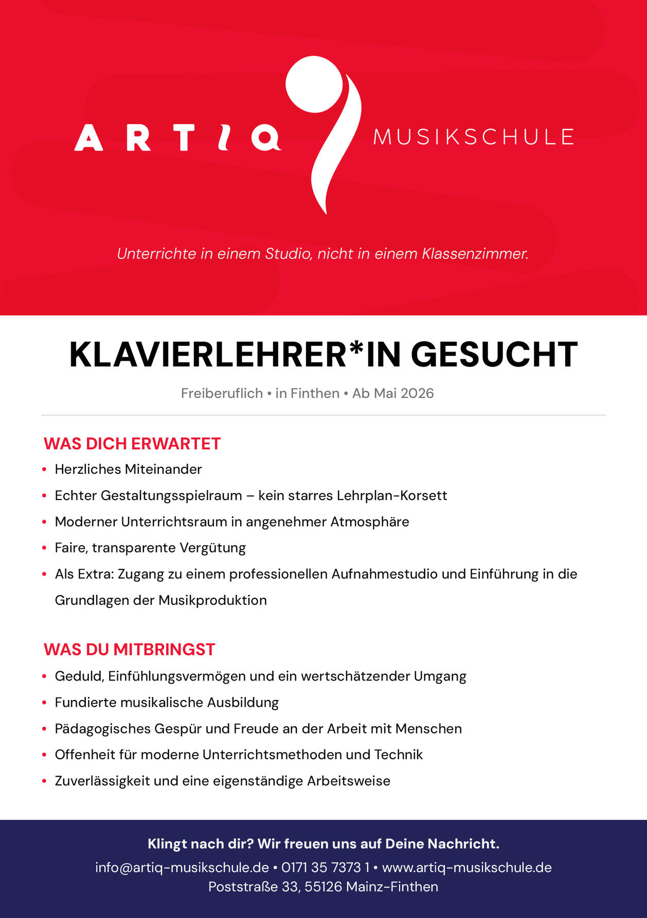 Stellenausschreibung Klavierlehrer
