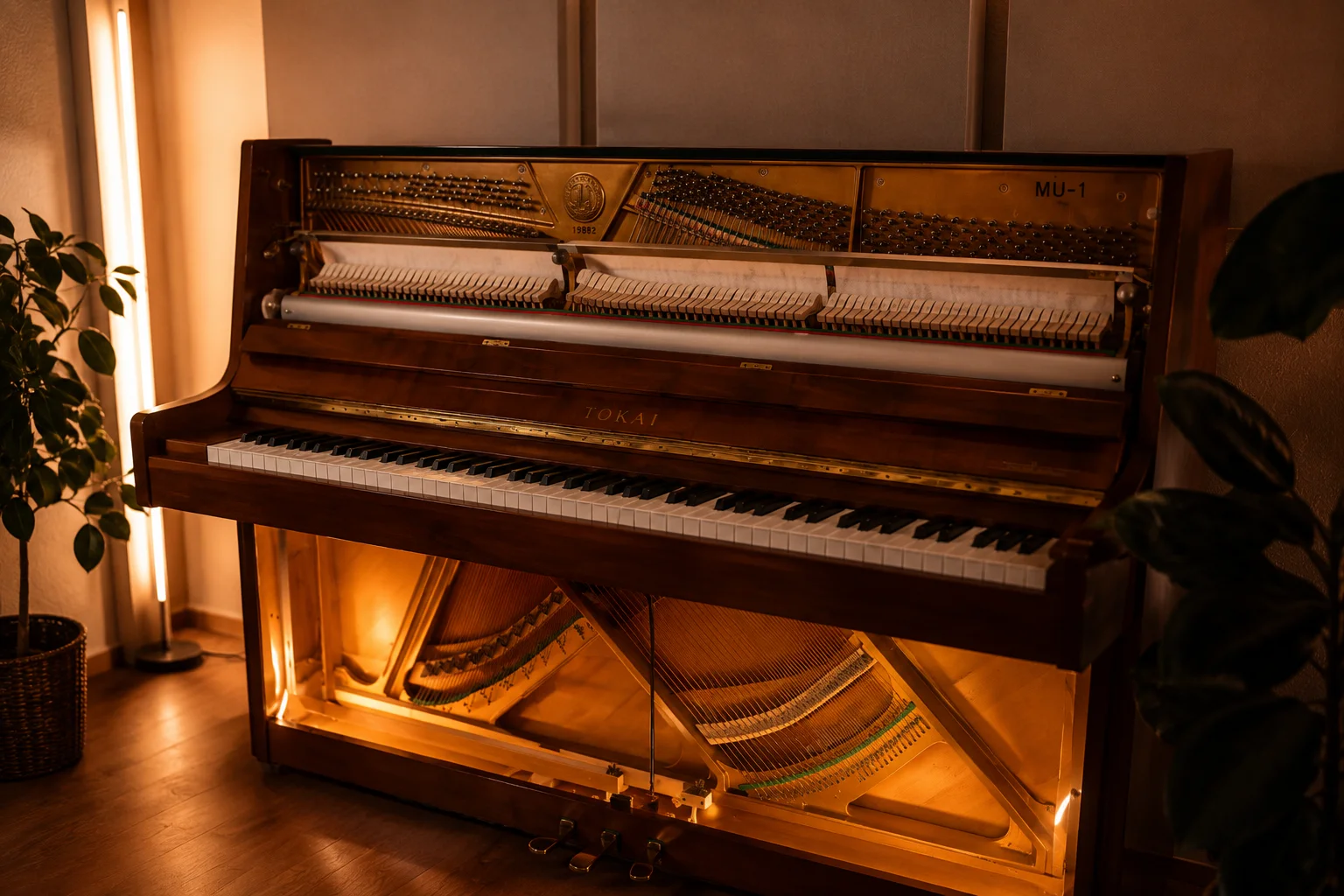 Aufrechtes Klavier mit geöffnetem Gehäuse und warmem Innenlicht im ARTIQ Tonstudio Mainz — Musikunterricht in professioneller Studioatmosphäre