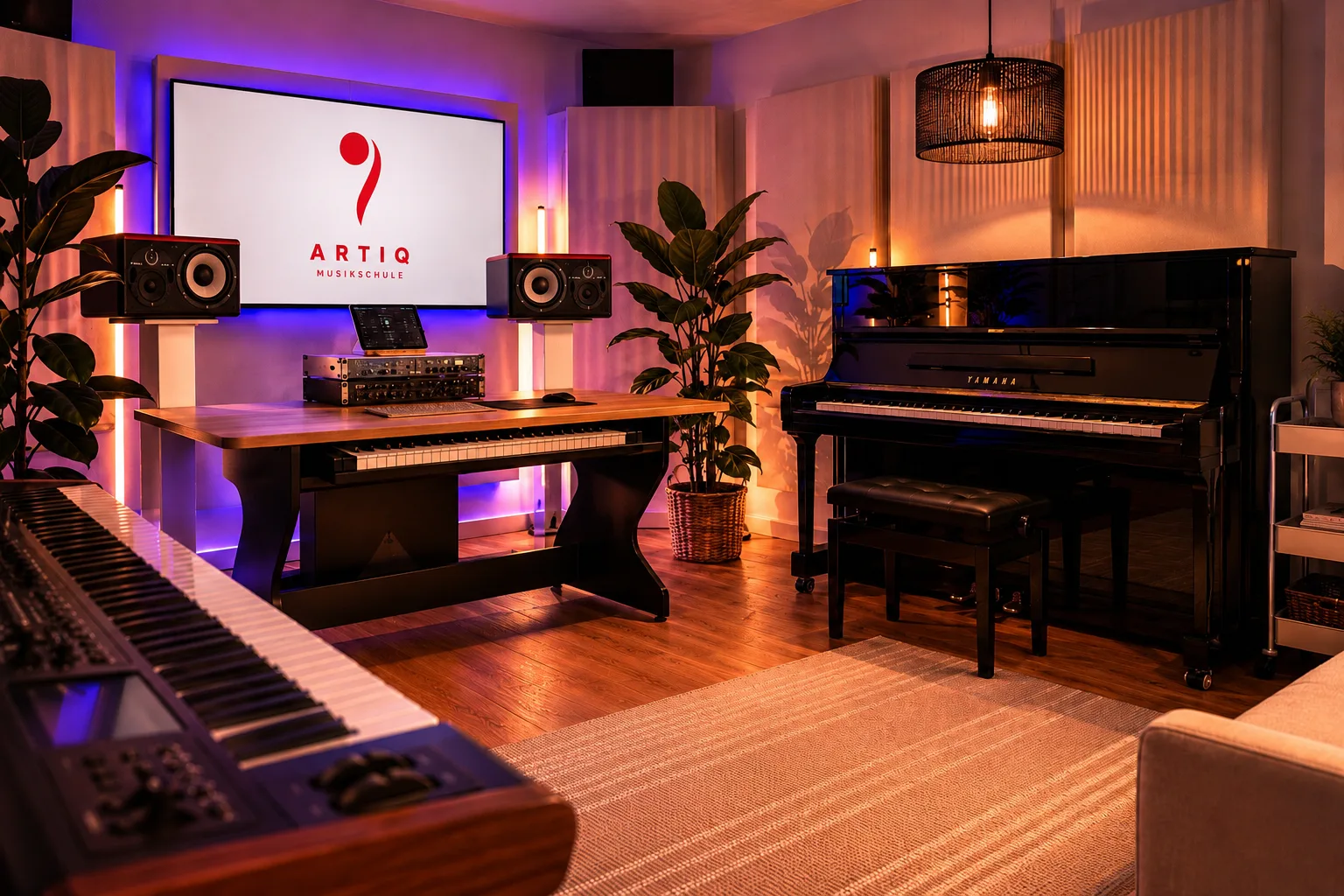 Weitwinkelaufnahme des ARTIQ Tonstudios mit Mischpult, Studiomonitoren, Projektionsleinwand und Klavier — professionelles Musikstudio in Mainz-Finthen