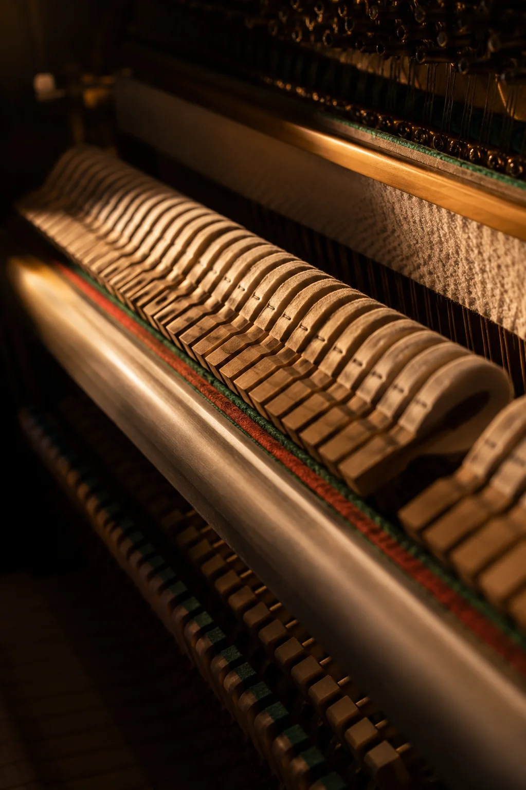 Detailaufnahme der Hammermechanik im Inneren eines Klaviers — ARTIQ Musikschule Tonstudio Mainz-Finthen